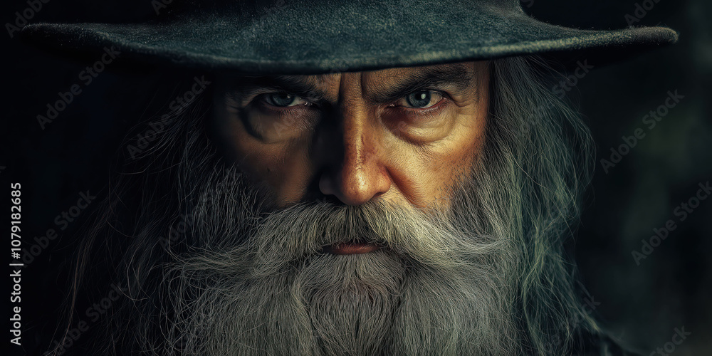 Mysterious bearded wizard with intense gaze and hat in dark fantasy setting Mysterious bearded wizard with intense gaze and hat in dark fantasy setting