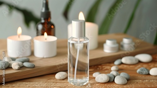 Inviting spa like ambiance created with lit candles smooth stones and glass bottles of essential oils evoking a sense of relaxation wellness and mindfulness The scene suggests a calming