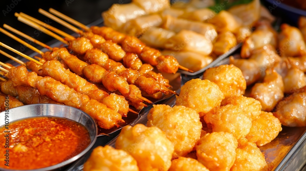 Vibrant Thai Appetizer Feast - Top View of Satay Skewers, Spring Rolls, and Dipping Sauces Showcasing Exquisite Thai Cuisine Variety and Appeal Vibrant Thai Appetizer Feast - Top View of Satay Skewers, Spring Rolls, and Dipping Sauces Showcasing Exquisite Thai Cuisine Variety and Appeal