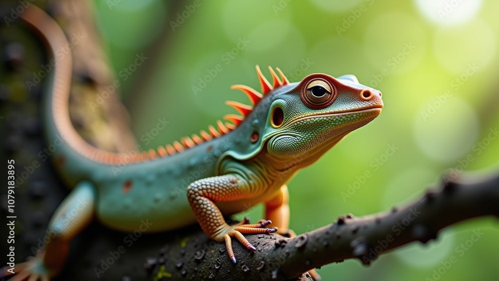 Fototapeta premium A vibrant lizard with striking colors sits on a branch, surrounded by blurred green foliage. Sunlight filters through, enhancing its vivid features