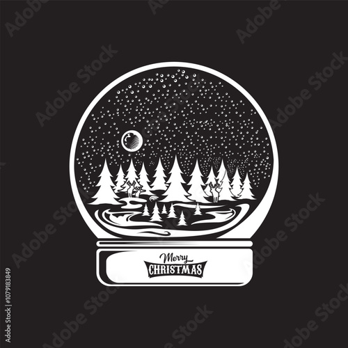 Vector christmas snowball or snow globe silhuette icon with xmas tree, sky, moon, deer and greeting merry christmas text isolated on black background.