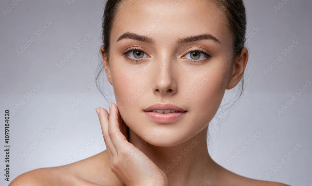 A woman with light skin and blue eyes looks directly at the camera, touching her cheek with her hand A woman with light skin and blue eyes looks directly at the camera, touching her cheek with her hand