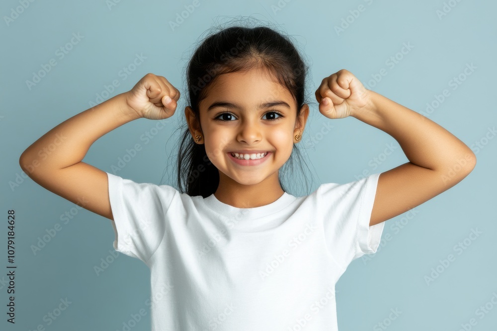 Confident Young Girl Flexing Her Muscles and Smiling Cheerfully Confident Young Girl Flexing Her Muscles and Smiling Cheerfully
