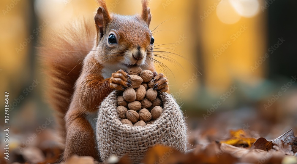 Fototapeta premium A red squirrel sits with a burlap sack full of nuts.
