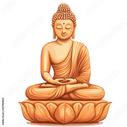 Calming digital illustration of a seated Buddha sculpture in a peaceful pose, highlighted in warm tones over transparent background photo