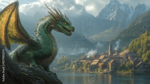 Majestic green dragon overlooking tranquil lakeside village with mountain backdrop