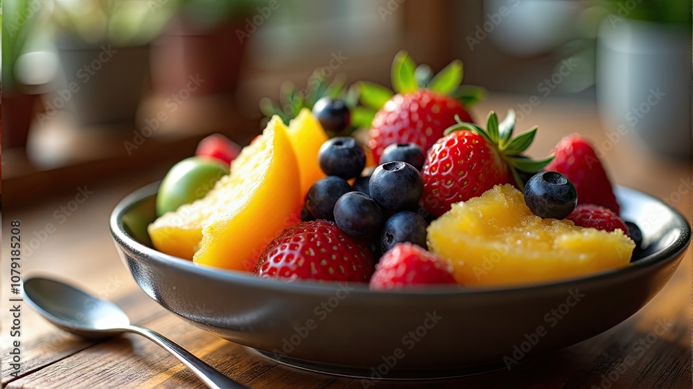 Bowl of fresh fruits, similar to the first image. This bowl contains strawberries, blueberries, raspberries, slices of orange, and kiwi. There are two spoons placed next to the bowl on a wooden table Bowl of fresh fruits, similar to the first image. This bowl contains strawberries, blueberries, raspberries, slices of orange, and kiwi. There are two spoons placed next to the bowl on a wooden table