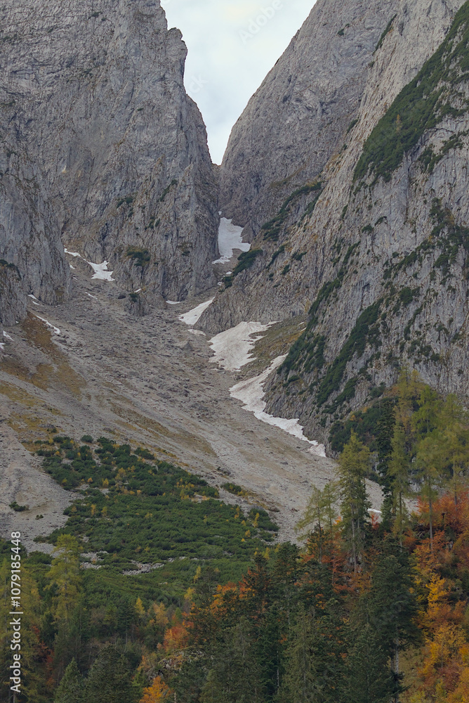 A steep and narrow mountain pass with grey rock walls rising on either side. Rugged mountain landscape. The foreground is full of autumn colours, with green, orange and yellow trees. The Alps. A steep and narrow mountain pass with grey rock walls rising on either side. Rugged mountain landscape. The foreground is full of autumn colours, with green, orange and yellow trees. The Alps.