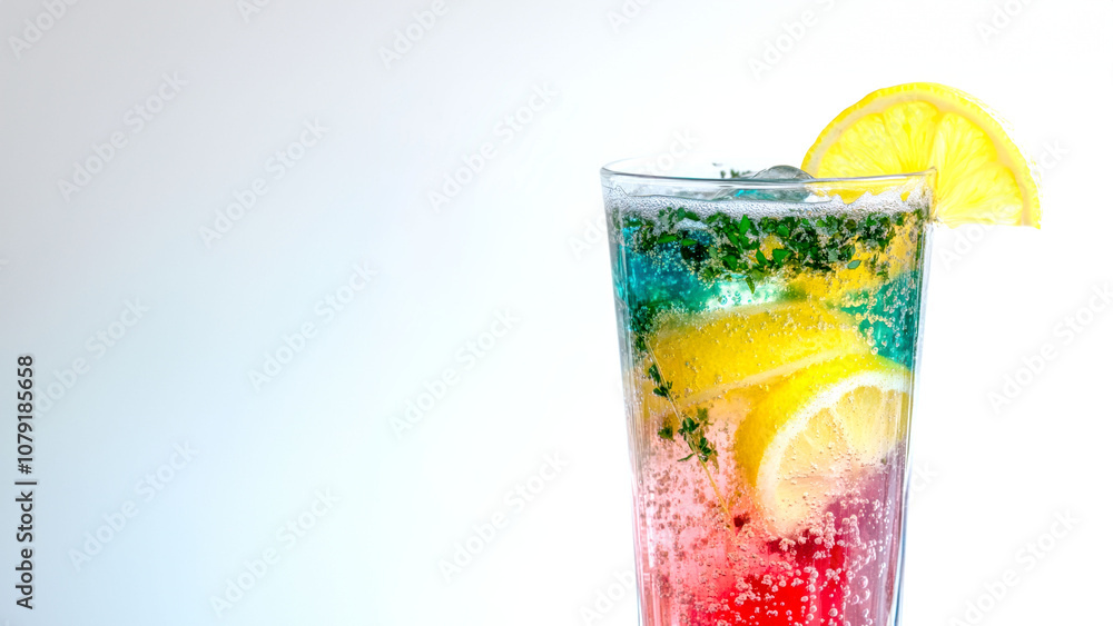 Refreshing italian soda with lemon and herbs in tall glass for summer beverage inspiration Refreshing italian soda with lemon and herbs in tall glass for summer beverage inspiration