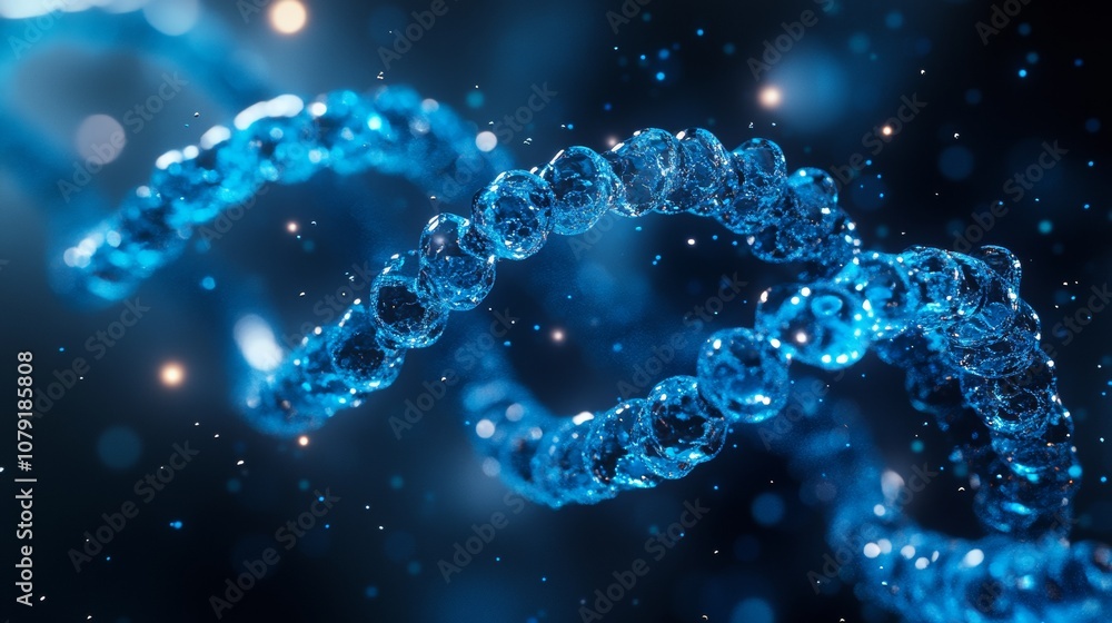 3D close-up of blue DNA strand with sparkling molecular details 3D close-up of blue DNA strand with sparkling molecular details