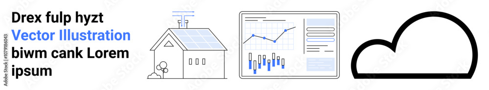 House with solar panels, data analytics dashboard, and cloud icon. Ideal for sustainable energy, smart home tech, data analysis, cloud storage, renewable resources, modern living, eco-friendly House with solar panels, data analytics dashboard, and cloud icon. Ideal for sustainable energy, smart home tech, data analysis, cloud storage, renewable resources, modern living, eco-friendly