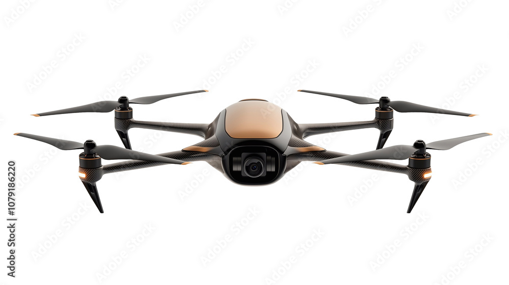 Modern drone with camera, front view Modern drone with camera, front view