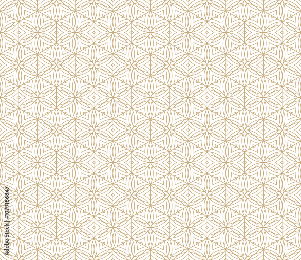 Subtle golden linear geometric seamless pattern with floral silhouettes, leaves, hexagonal grid, thin curved lines. Gold and white abstract texture. Vector luxury background. Repeating geo design Subtle golden linear geometric seamless pattern with floral silhouettes, leaves, hexagonal grid, thin curved lines. Gold and white abstract texture. Vector luxury background. Repeating geo design