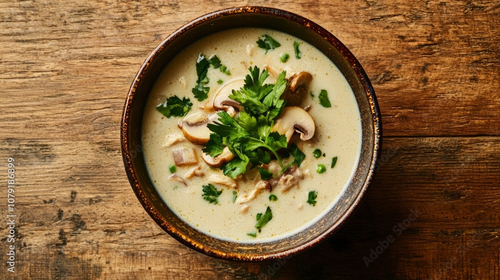 Savory Thai Coconut Soup with Mushrooms and Chicken Served in Rustic Bowl for Comforting Meal Savory Thai Coconut Soup with Mushrooms and Chicken Served in Rustic Bowl for Comforting Meal