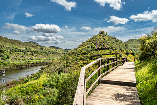 Walking along the Barca da Amieira walkways in Amieira do Tejo, Portugal. photo