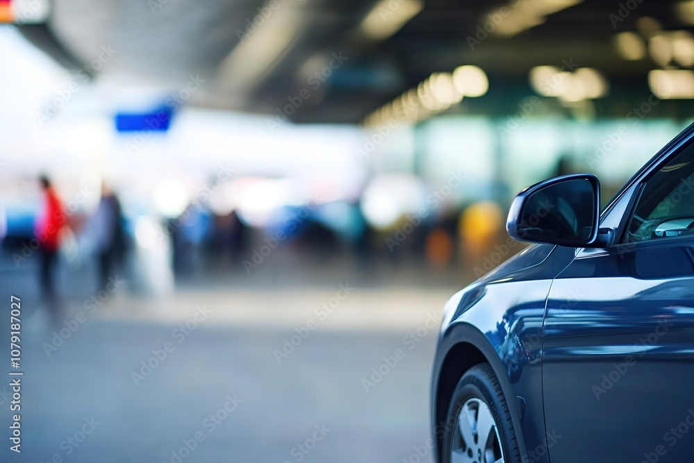 Car parked at bustling airport curb, blur of people in backgroun Car parked at bustling airport curb, blur of people in backgroun