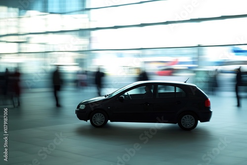 Blurred motion of car speeding through urban area