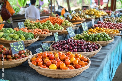 Colorful fruit market display with variety and prices