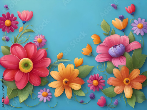 Decorative colored flowers on the blue background. Copy space. Top view.
