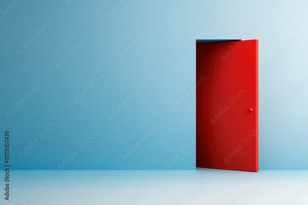 A red door slightly ajar against a minimalist blue wall in a bright, open space A red door slightly ajar against a minimalist blue wall in a bright, open space