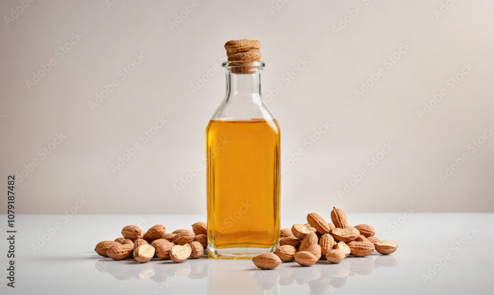 A bottle of almond oil sits next to a pile of almonds on a white surface A bottle of almond oil sits next to a pile of almonds on a white surface