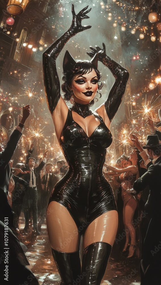 A full-body portrait of Catwoman is at the center, surrounded by dancers and sparklers. She is striking an elegant pose with her hands raised above her head, wearing a black latex catsuit under a shor A full-body portrait of Catwoman is at the center, surrounded by dancers and sparklers. She is striking an elegant pose with her hands raised above her head, wearing a black latex catsuit under a shor