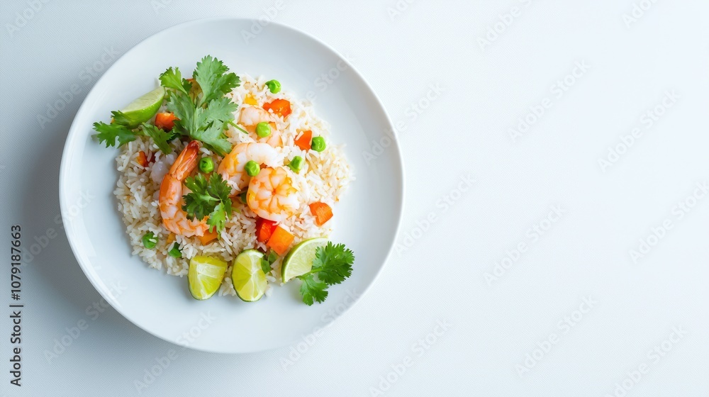 Vibrant Thai Fried Rice with Shrimp and Vegetables, Top View of Delicious Asian Cuisine with Fresh Cilantro and Lime Garnish - Ultra-Detailed Food Photography Vibrant Thai Fried Rice with Shrimp and Vegetables, Top View of Delicious Asian Cuisine with Fresh Cilantro and Lime Garnish - Ultra-Detailed Food Photography