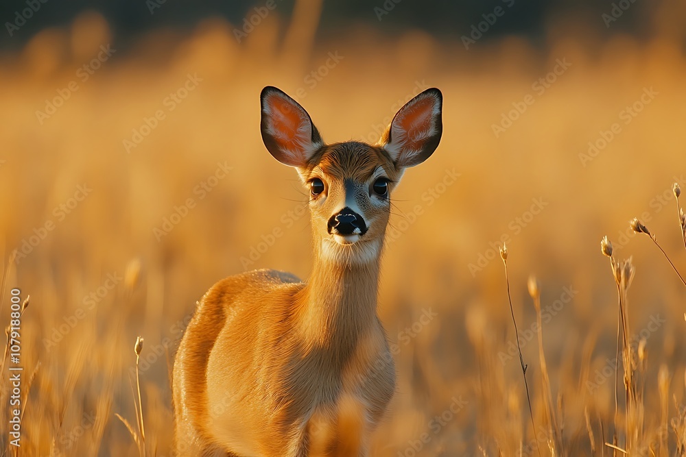 Young Deer Portrait with Gentle Gaze in Golden Sunset Field. Young Deer Portrait with Gentle Gaze in Golden Sunset Field.