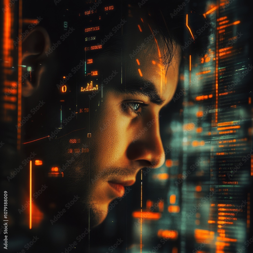A man gazing at trading charts on his computer screen, a close-up of the face with an emphasis on digital elements and graphs, a dark background, orange highlights for focus, high-resolution photograp A man gazing at trading charts on his computer screen, a close-up of the face with an emphasis on digital elements and graphs, a dark background, orange highlights for focus, high-resolution photograp