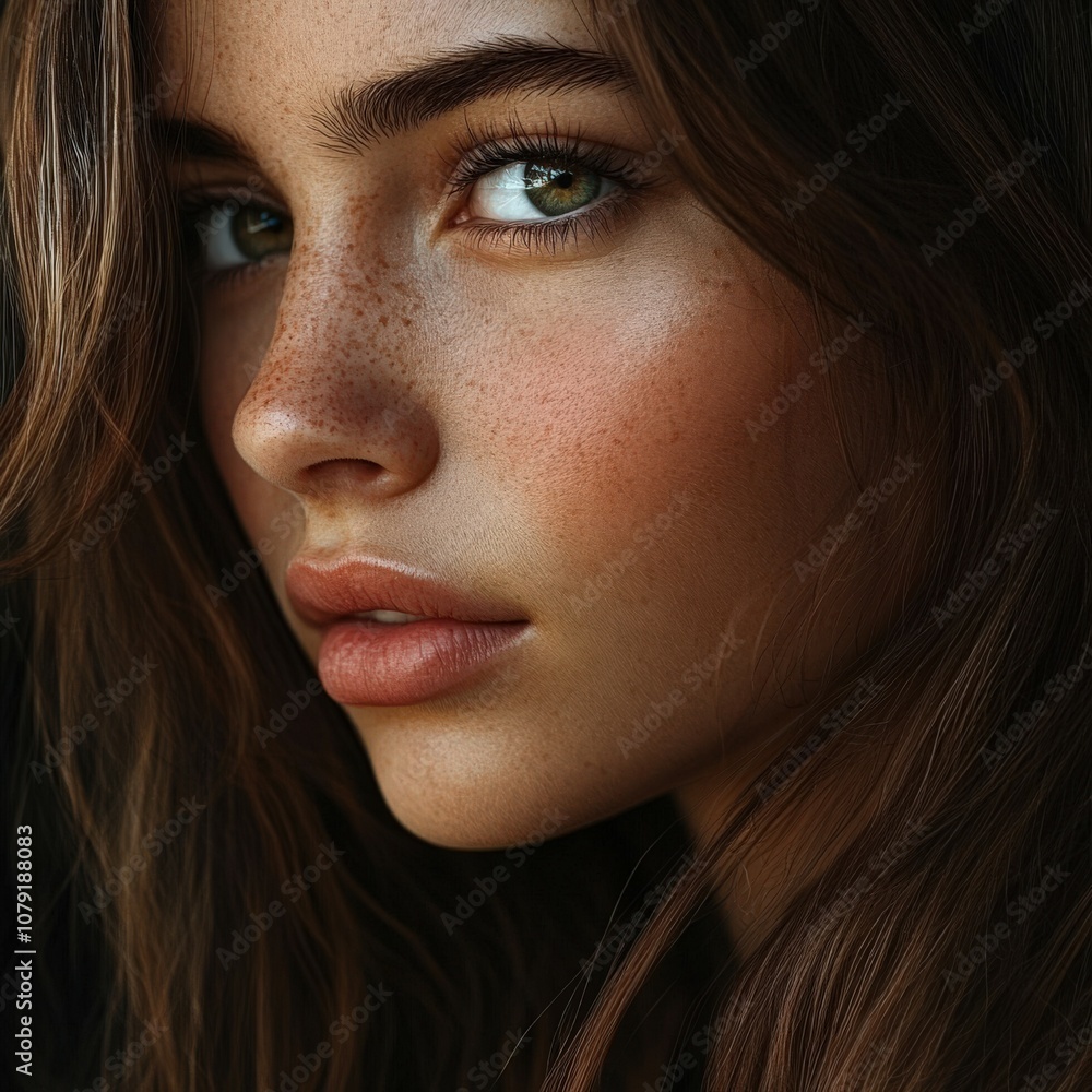 A close-up of a young woman with striking green eyes and freckles A close-up of a young woman with striking green eyes and freckles