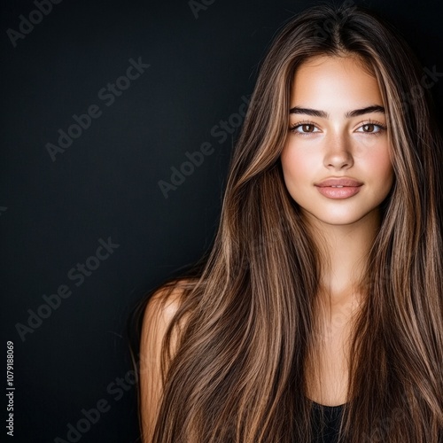 A young woman with long hair poses against a dark background