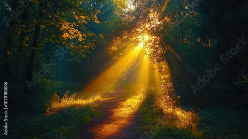 Sunbeams illuminate a path through a misty forest.