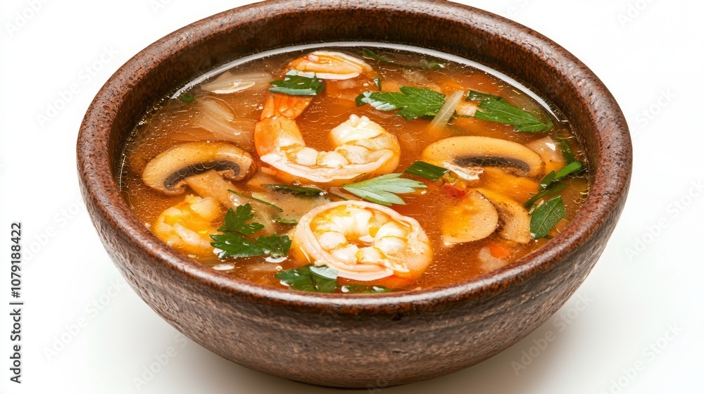 Aromatic Thai Tom Yum Soup with Shrimp and Mushrooms in Rustic Bowl | Delicious Spicy Asian Cuisine Close-Up Aromatic Thai Tom Yum Soup with Shrimp and Mushrooms in Rustic Bowl | Delicious Spicy Asian Cuisine Close-Up