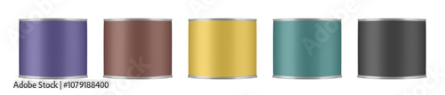 Set of tin cans, round steel containers for enamel paint. Purple, brown, black, gold and green labels. Glossy paint can	