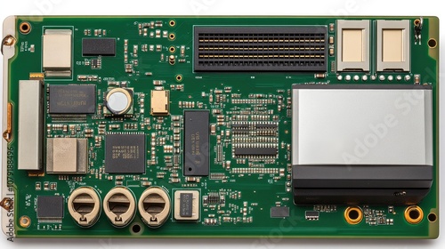 High-Resolution Image of a Modern Electronic Circuit Board Featuring Integrated Chips, Connectors, and Innovative Technology for Use in Diverse Applications photo