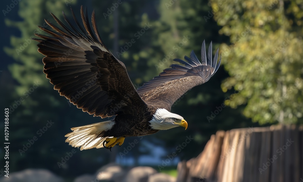 Obraz premium Bald Eagle Gliding through Forested Background