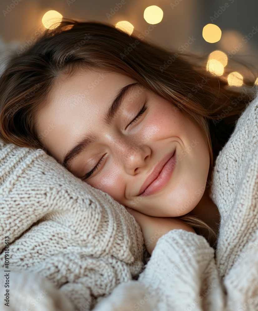 A woman relaxing comfortably in a cozy blanket surrounded by warm lights A woman relaxing comfortably in a cozy blanket surrounded by warm lights