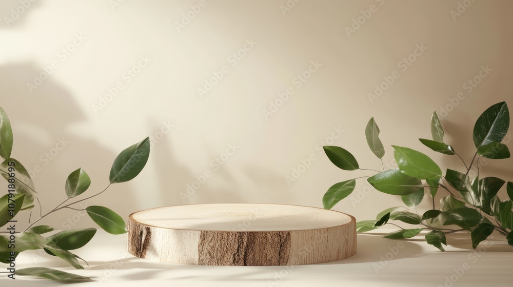 Wooden Platform with Green Leaves and Soft Shadows Wooden Platform with Green Leaves and Soft Shadows