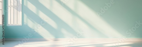 自然光が差し込む淡い青色の壁の部屋でさわやかな雰囲気を楽しむ午後