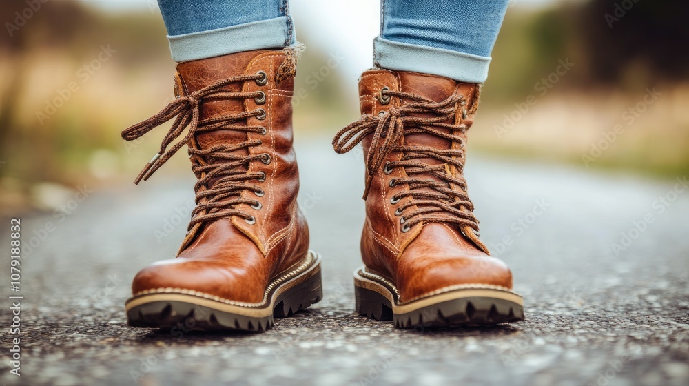 Brown Leather Hiking Boots on a Rocky Path with Blue Jeans Displaying Outdoor Adventure, Nature Exploration, and Comfortable Footwear for Travel Enthusiasts Brown Leather Hiking Boots on a Rocky Path with Blue Jeans Displaying Outdoor Adventure, Nature Exploration, and Comfortable Footwear for Travel Enthusiasts