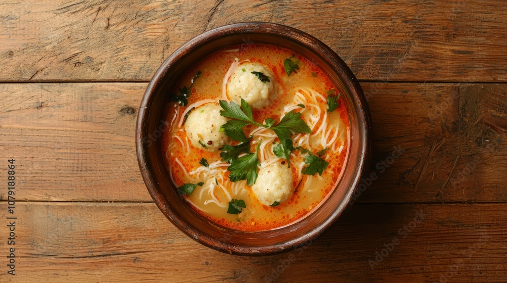 Authentic Thai Noodle Soup with Fish Balls in Rustic Bowl on Textured Wooden Surface - Appetizing Cuisine Photography Authentic Thai Noodle Soup with Fish Balls in Rustic Bowl on Textured Wooden Surface - Appetizing Cuisine Photography