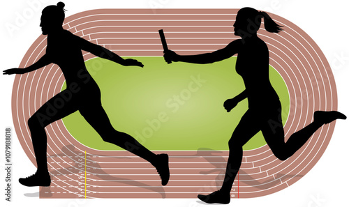 relay race, silhouette of two female runners passing the baton with a racecourse track in the background