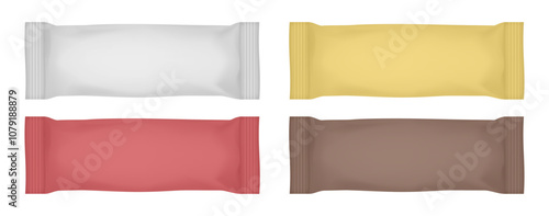 Set of white, gold, red, and brown flow packs. Chocolate bar or ice cream wrapper. Foil bag. Realistic 3d mockup of a snack. Pouch