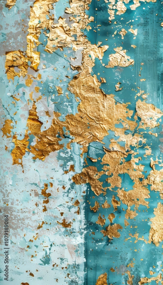 Gold and turquoise abstract texture on white canvas, featuring gold leaf elegant color blending.