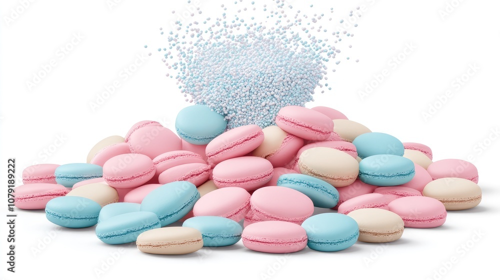 Colorful Macarons Piled with Sprinkles on White Background, Perfect for Dessert Themes, Baking, Sweet Treats, and Food Photography, Attractive Display for Recipes Colorful Macarons Piled with Sprinkles on White Background, Perfect for Dessert Themes, Baking, Sweet Treats, and Food Photography, Attractive Display for Recipes