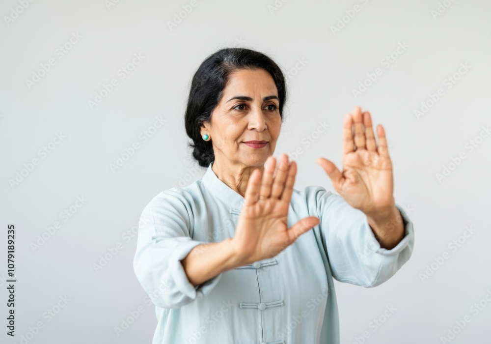 Senior Middle Eastern woman practicing tai chi in peaceful setting for mindful relaxation