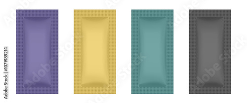 Set of foil sachets or pouches. Vector bags mockup, wet wipes paper or foil packs. Cosmetics samples. Moisturizing sheet face mask. Purple, gold, green and black packaging mockups.