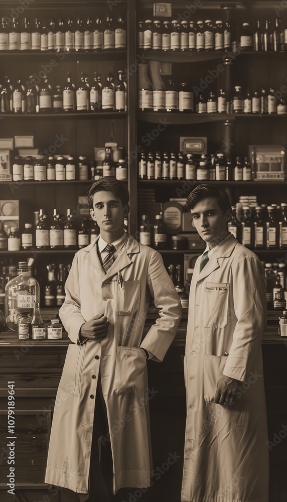 Naklejka premium Historical pharmacy setting with two young male pharmacists in white coats, surrounded by medicine