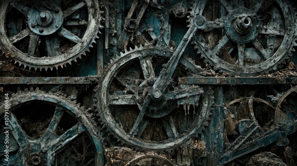 Abstract close-up of aged and rusty gears forming a complex mechanical backdrop ideal for industrial design, steampunk themes, or artistic projects emphasizing decay and vintage machinery. Abstract close-up of aged and rusty gears forming a complex mechanical backdrop ideal for industrial design, steampunk themes, or artistic projects emphasizing decay and vintage machinery.