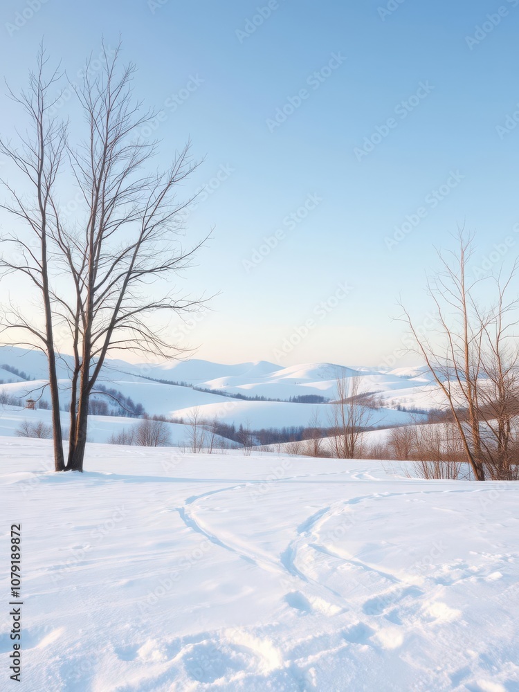 Empty snowy landscape with bare trees and soft rolling hills in the distance, cold
